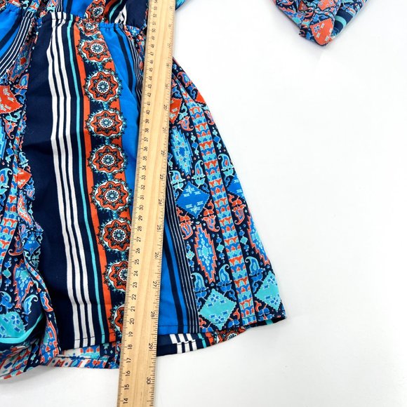 Mimi Chica Women XS Blue Romper Floral Button Up Front Waist Tie Roll Tab Sleeve - Picture 4 of 5